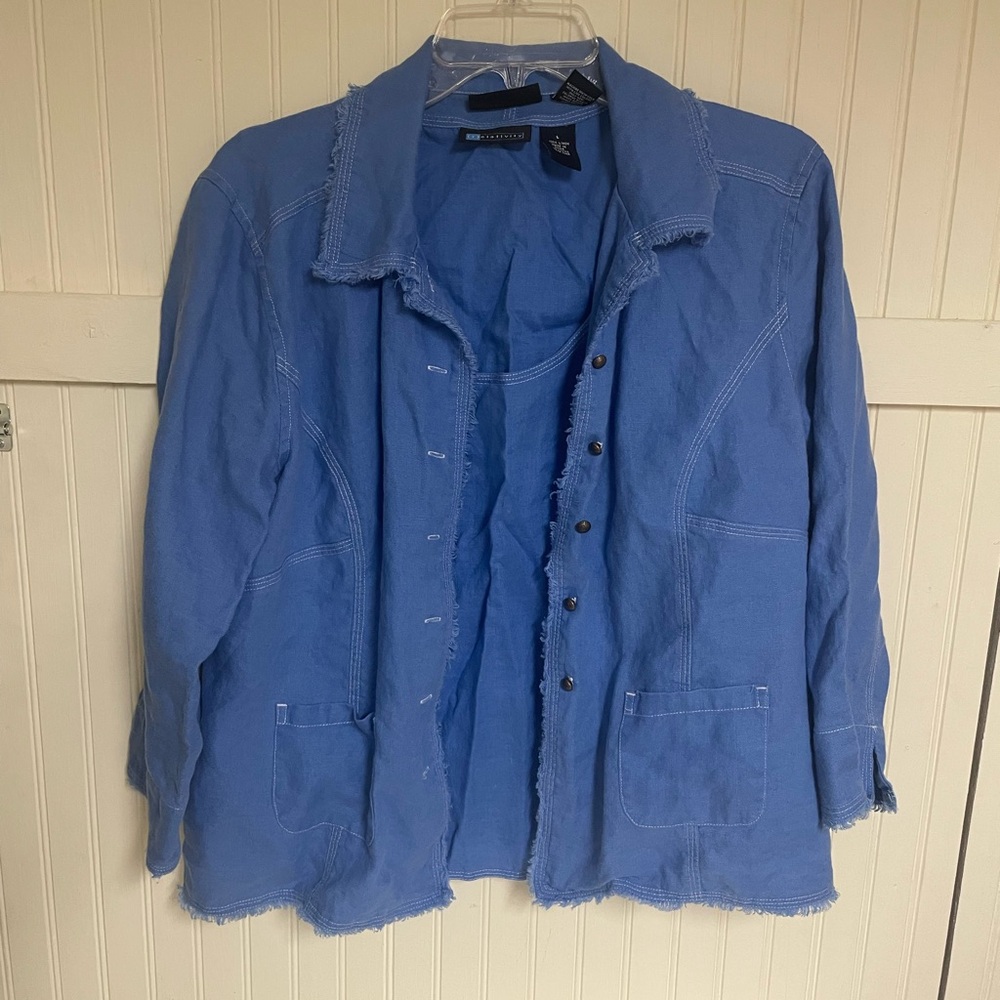 Relativity Blue fringe skirt, jacket, sleeveless blouse.